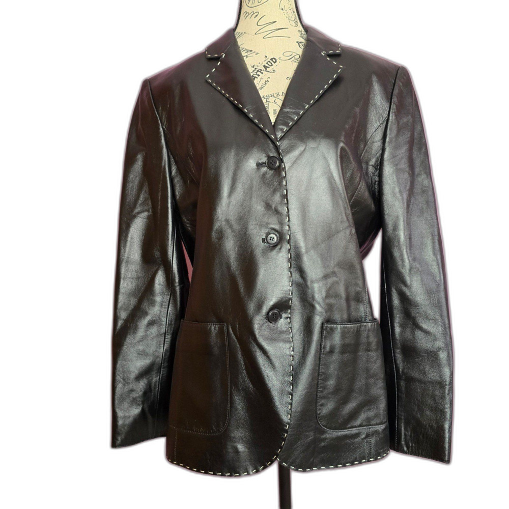 Jones New York black genuine leather button up jacket blazer.